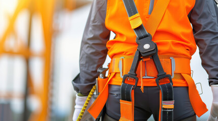 Safety harness construction worker orange vest safety gear industrial site personal protective equipment harness straps worker safety construction safety outdoor work high visibility secure fastening