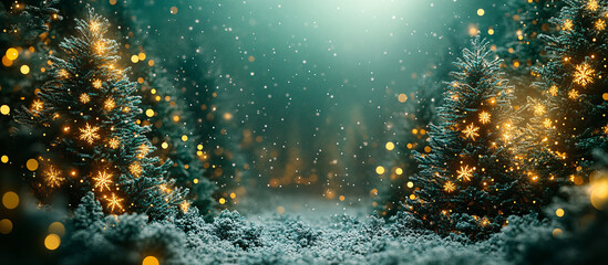 Festive winter scene with decorated evergreen trees, shimmering gold ornaments, glowing lights, and gentle snowfall, evoking feelings of joy and celebration....