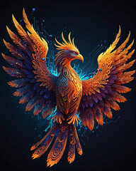 Fototapeta premium Surreal Phoenix Illustration with Glowing Blue Fire and Binary Code – Futuristic, Three-Dimensional Fantasy Art with Feathers and Neon Elements on a Dark Background