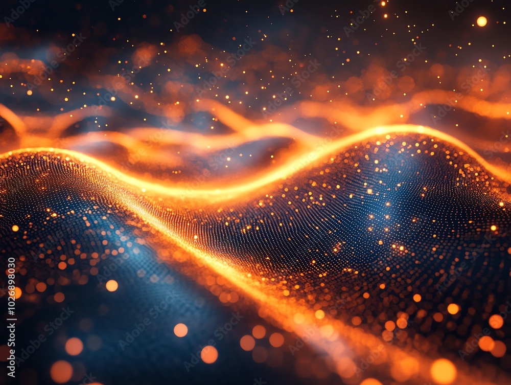 Poster Abstract digital wave pattern with glowing particles and bokeh lights.