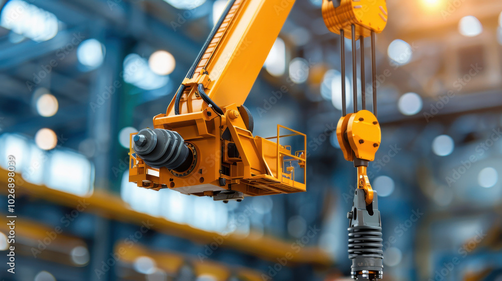 Poster close up view of industrial robotic arm in factory setting, showcasing its intricate design and func