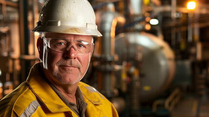 Male engineer wearing hard hat and safety glasses in an industrial plant