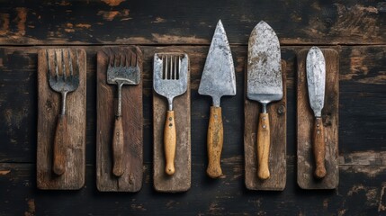 Spade, fork, secateurs: gardening tools.