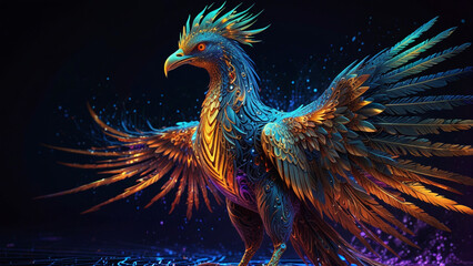 Fototapeta premium Surreal Phoenix Illustration with Glowing Blue Fire and Binary Code – Futuristic, Three-Dimensional Fantasy Art with Feathers and Neon Elements on a Dark Background