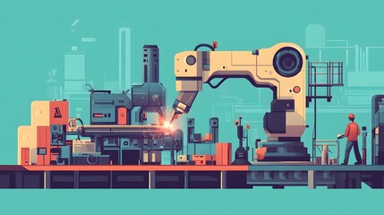 Fototapeta premium Industrial Robotic Arm Welding Metal in Factory Setting