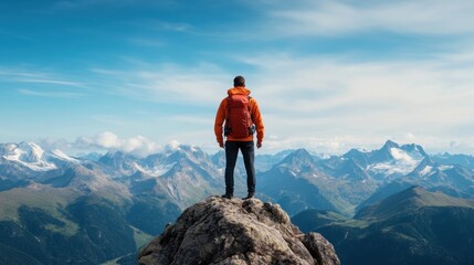 Majestic Mountain Summit View with Hiker in Orange Jacket