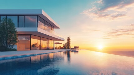Stunning Luxury Home with Modern Pool Captured During Sunrise in a Contemporary Villa Setting