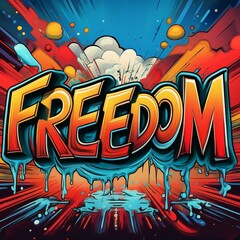graffiti style "freedom" calligraphy, spray art, splash, colorful