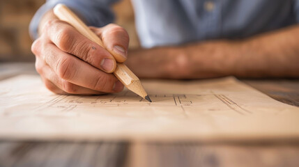 person is focused on reviewing blueprints with pencil in hand, showcasing attention to detail and precision in their work. This scene captures essence of planning and design