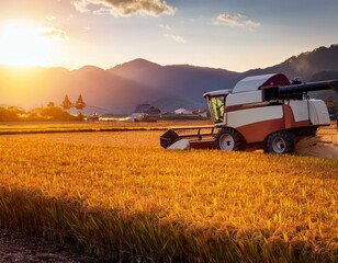 Obraz premium 広がる黄金色の田んぼで、農家が稲を刈り取っている。稲穂が太陽の光を眺めて輝き、コンバインが規則的に動きながら稲を刈る音が聞こえる。 収穫の喜びと一年の成果を感じる瞬間
