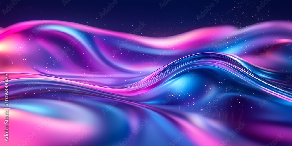 Poster abstract blue and pink wavy background with glowing particles.