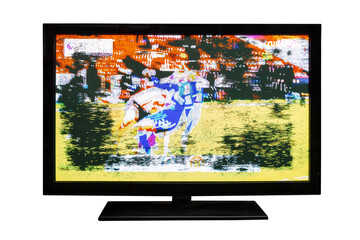 4k monitor, smart tv with a cracked screen and colored stripes with clipping path isolated on white background.