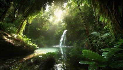 Obraz premium nature, forest, sky, mountain, trees, green, leaf, leaves, morning, water, river, lake, water fall