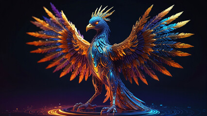 Obraz premium Surreal Phoenix Illustration with Glowing Blue Fire and Binary Code – Futuristic, Three-Dimensional Fantasy Art with Feathers and Neon Elements on a Dark Background
