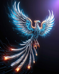 Surreal Phoenix Illustration with Glowing Blue Fire and Binary Code – Futuristic, Three-Dimensional Fantasy Art with Feathers and Neon Elements on a Dark Background