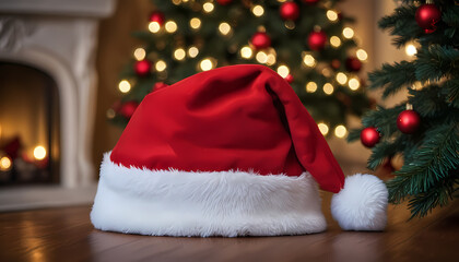 Red Santa Claus hat under the tree in the house