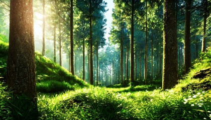 sun rays through the forest, nature, forest, sky, mountain, trees, green, leaf, leaves, sunbeams, deep green