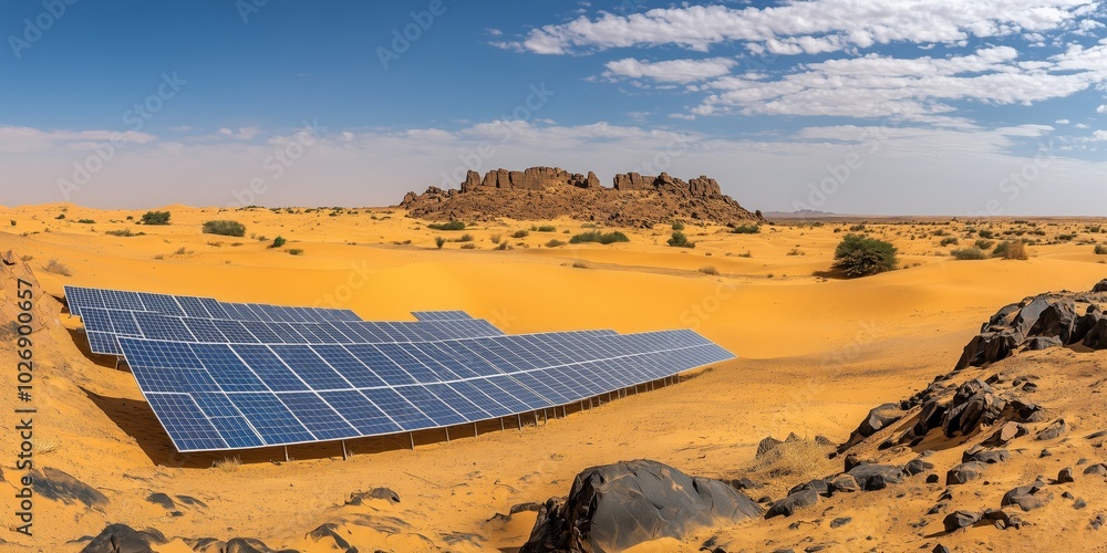 Wall mural solar panels harnessing sunlight in the sahara desert to generate clean energy for sustainable devel