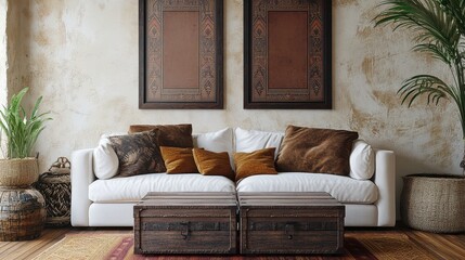 Rustic Coffee Table Accentuating a Cozy Living Room with White Sofa and Brown Pillows