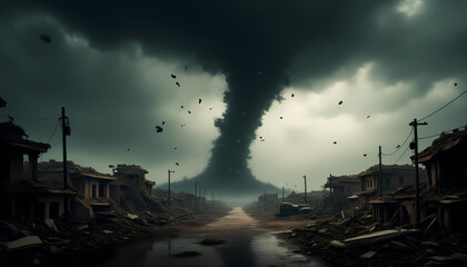 Fototapeta premium Tornado, lots of flying objects inside, destruction