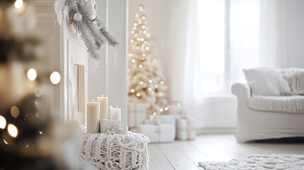 Fototapeta premium Stylish Scandinavian Minimalistic Christmas Interior with Festive Decorations and Cozy Atmosphere