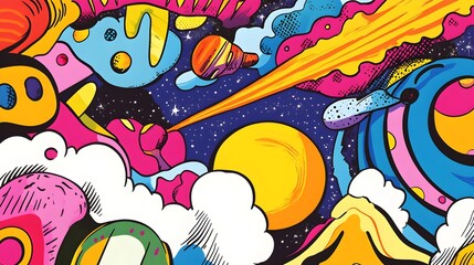 Vibrant and Playful Comic Doodle Art in Retro 80s Pop Art Style with Abstract Psychedelic Background