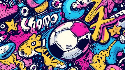 Obraz premium Vibrant Comic Doodle Art in Retro 80s Pop Art Style with Abstract Psychedelic Background