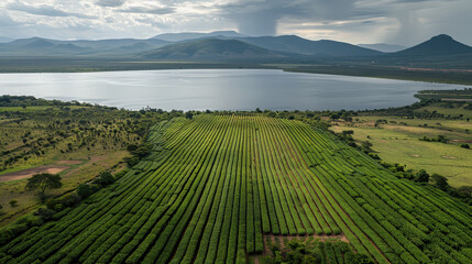 Fototapeta premium Lush green fields stretch towards serene lake, framed by distant mountains under dramatic sky. This landscape showcases beauty of sustainable agriculture and natures harmony