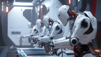 Fototapeta premium A Row of White Robots with Red Wires in a Futuristic Factory Setting