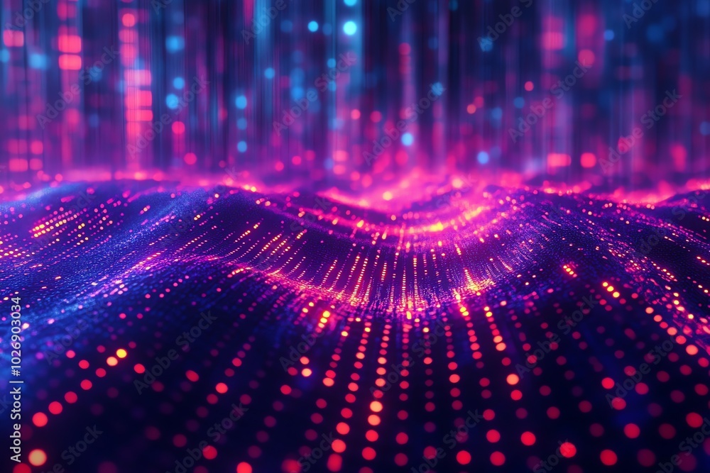 Poster abstract digital background with glowing particles and lines in vibrant pink and blue colors.
