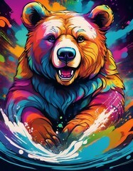 graffiti style smiling bear, spray art, splash, colorful, animal