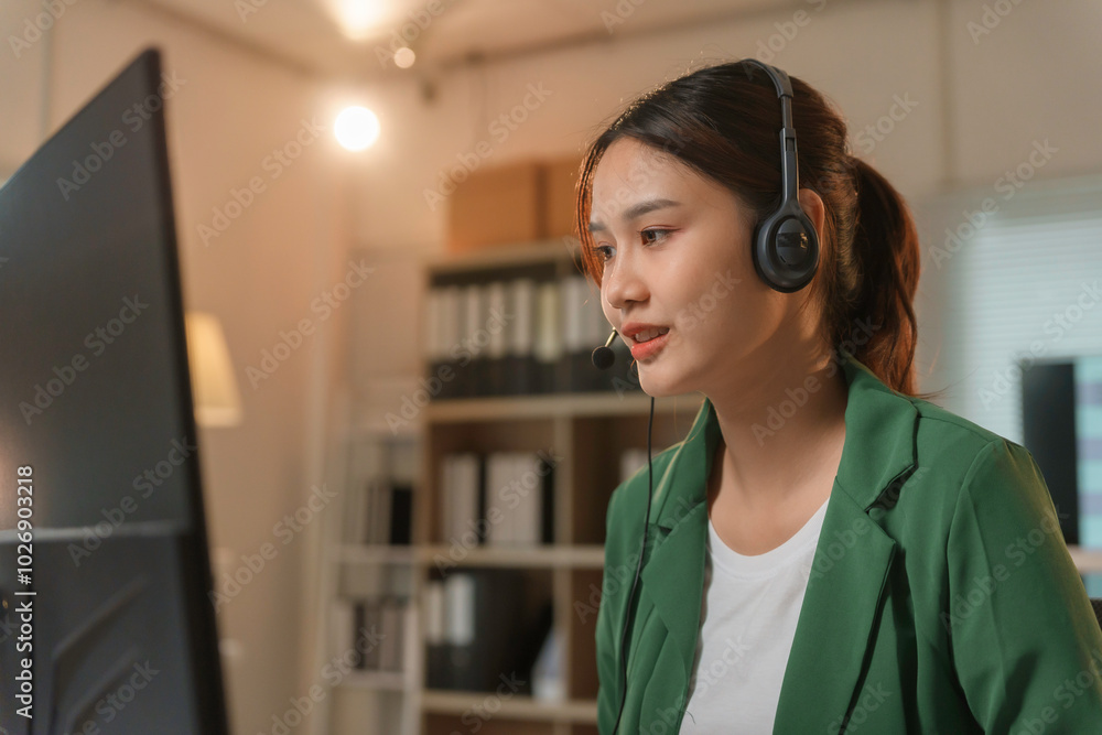 Poster asian customer service agent is talking on a headset while working on a computer in an office