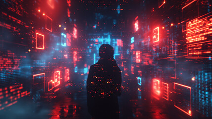 A complex web of code, firewalls, and warning symbols with a hacker silhouette and data breach alerts, highlighting cybersecurity threats and vulnerabilities in protecting digital systems.