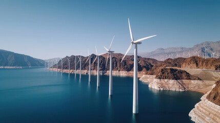 Wind turbines rotating in breeze along serene lake, surrounded by mountains, showcase renewable energy in stunning landscape. clear blue water reflects turbines, emphasizing sustainability