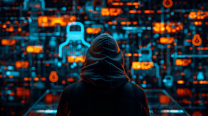 A complex web of code, firewalls, and warning symbols with a hacker silhouette and data breach alerts, highlighting cybersecurity threats and vulnerabilities in protecting digital systems.