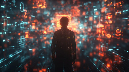 A complex web of code, firewalls, and warning symbols with a hacker silhouette and data breach alerts, highlighting cybersecurity threats and vulnerabilities in protecting digital systems.