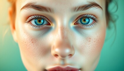 Close up of a woman's face with bright blue eyes.