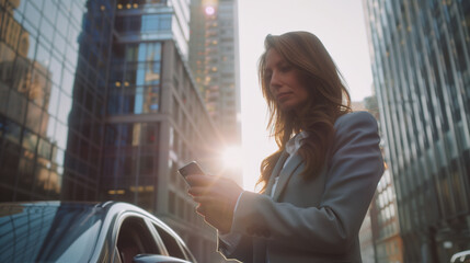 Businesswoman Using Smartphone Outdoors in the City at Sunset