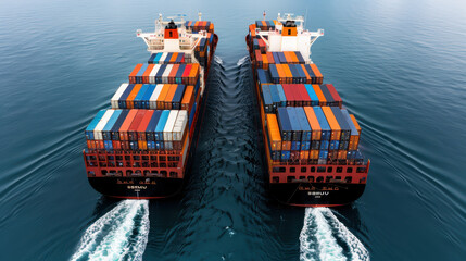 Large cargo ships navigating ocean, showcasing colorful shipping containers stacked high. vessels create wake as they move through calm waters, symbolizing global trade and transportation
