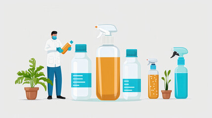 Laboratory worker handling hazardous materials with safety equipment, surrounded by various bottles and plants. scene emphasizes safety and proper handling of chemicals
