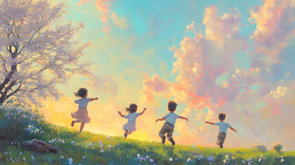 Children Laughing and Playing Under a Spring Sky for wallpaper and background