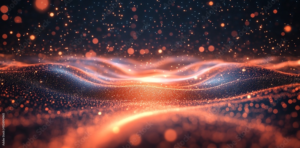 Poster Abstract background of glowing particles, sparkling and shimmering with a fiery orange and red glow, creating a dynamic and vibrant composition.
