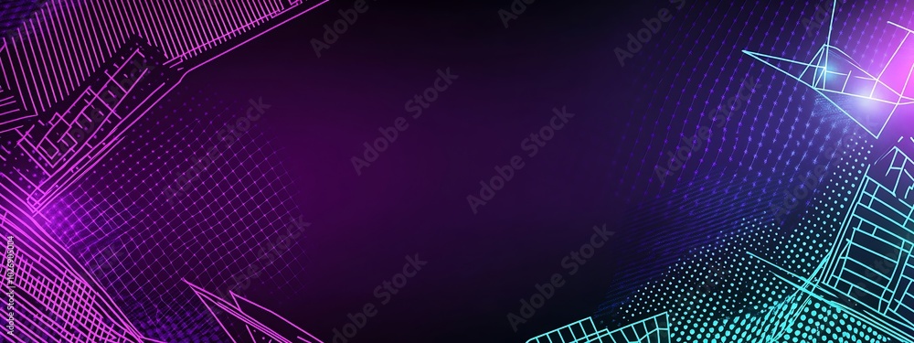 Poster Abstract neon background with glowing lines and dots.