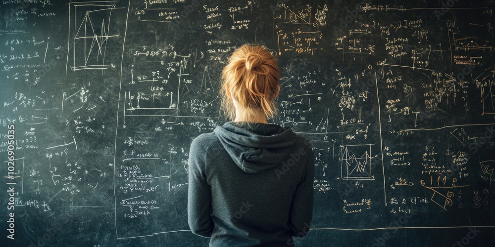 Aufkleber A person standing at a chalkboard covered in equations and diagrams, depicting the process of formulating and explaining theoretical frameworks