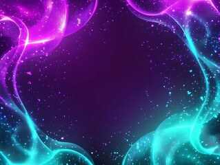 Naklejka premium Abstract neon glow frame with purple and blue lights and sparkles on dark background.
