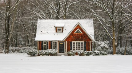 Naklejka premium A Snow-Covered Red Cottage in a Wintery Forest