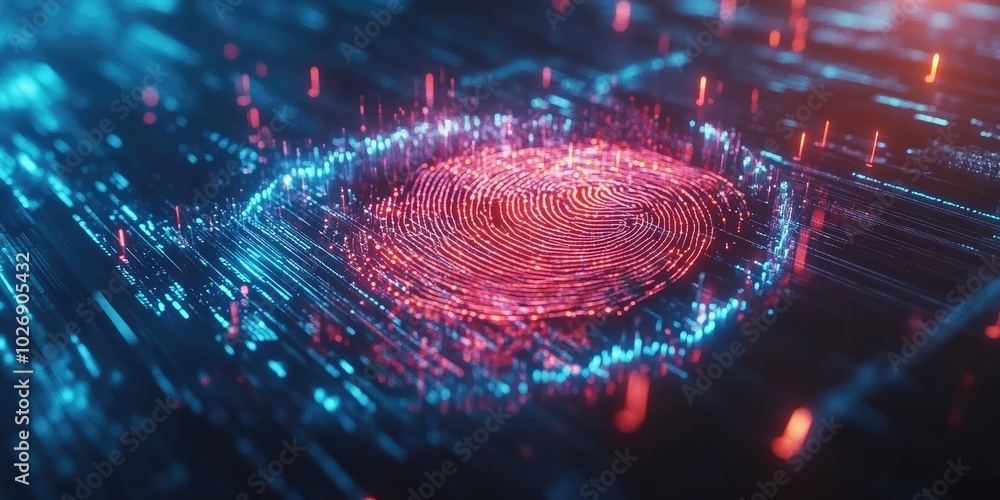 Poster futuristic digital processing of biometric identification fingerprint scanner for access personal fi