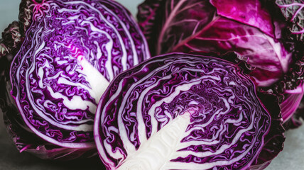Obraz premium A purple cabbage is cut in half and has a white stem. Concept of freshness and healthiness, as cabbage is a nutritious vegetable