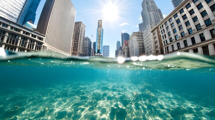 Obraz premium A stunning view of a city skyline reflected in clear water, combining urban architecture with nature, illuminated by bright sunlight.