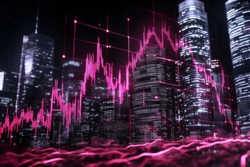 Urban Financial Pulse, vibrant city skyline illuminated by digital stock market graphs, showcasing the intersection of technology and finance through neon aesthetics.